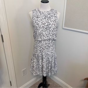 Ann Taylor White & Black Floral Print Pintuck Drop Waist Dress